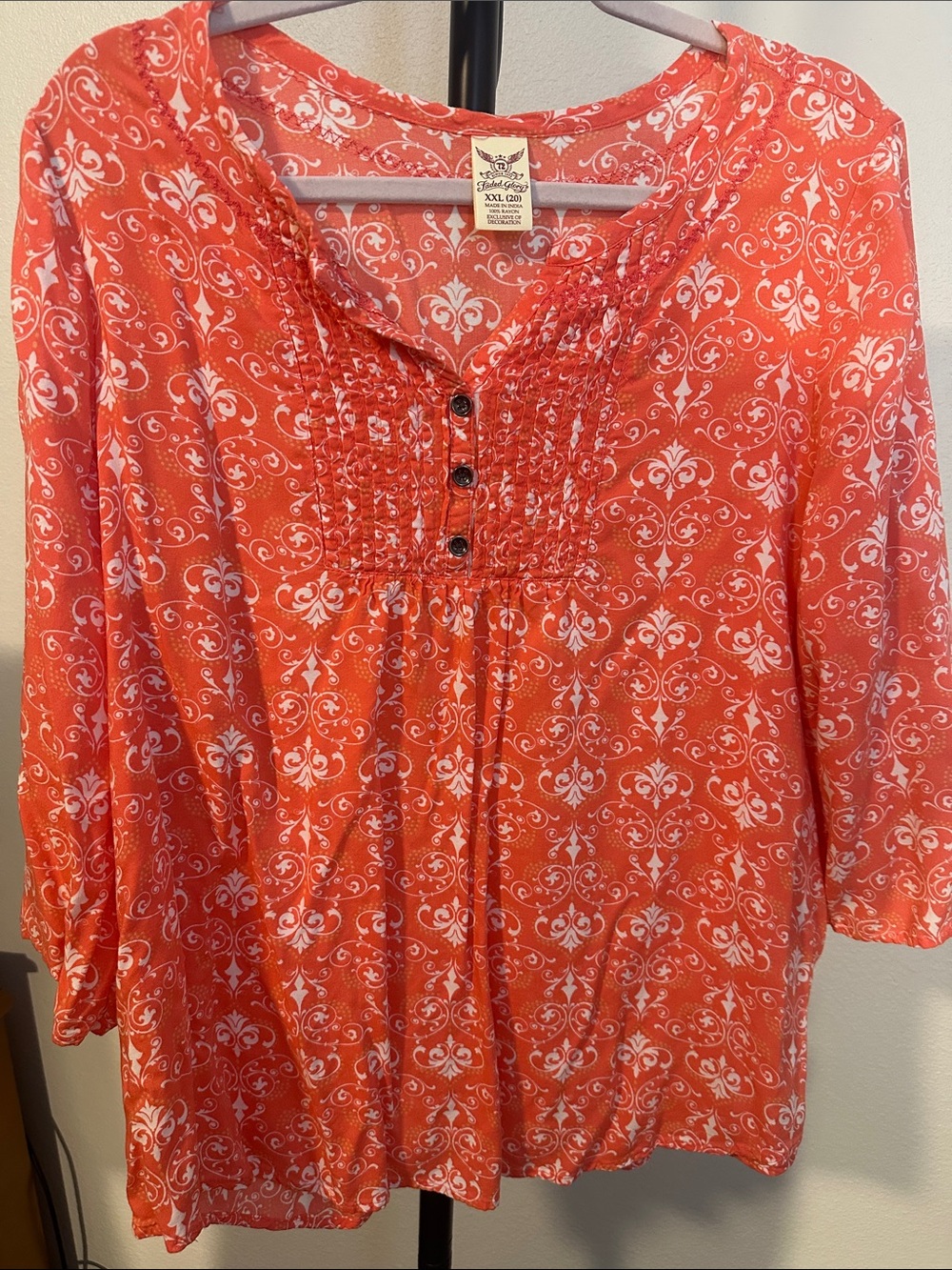 Faded Glory Coral Printed Smocked Yoke Tunic